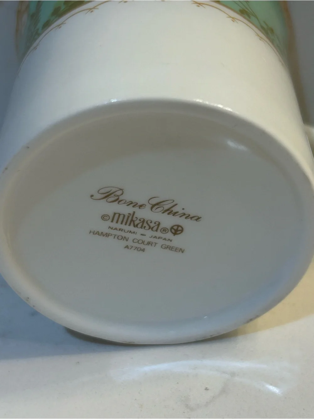 Mikasa Hampton Court Green Bone China green band gold floral accents Tea cup